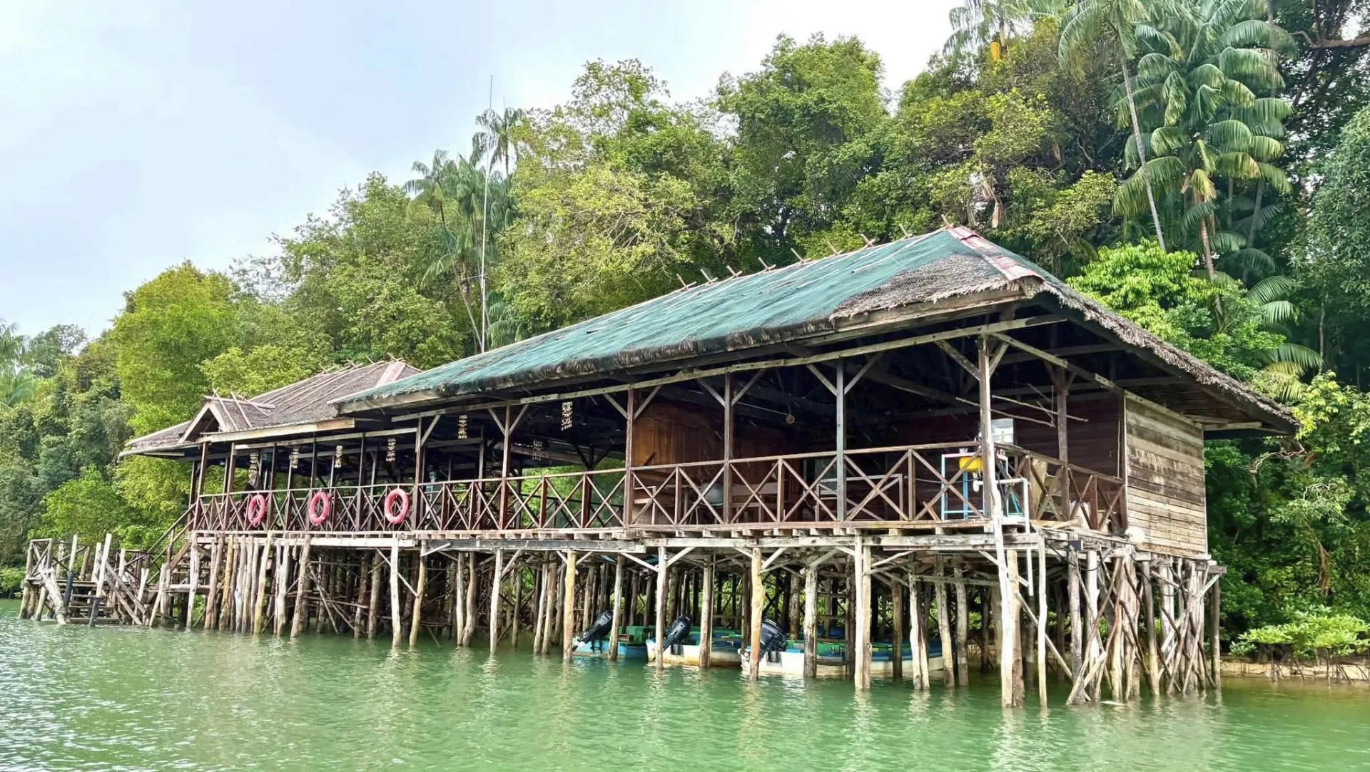 Traditional wooden stilt house with a thatched roof rising above green water, small boats moored beneath it, on Bintan Island, Indonesia.