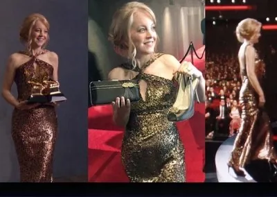 Grammy winner Maria Schneider in Lamour dyed, Deco brooch, Juliet clutch dyed with custom glitz, Astoria brooch