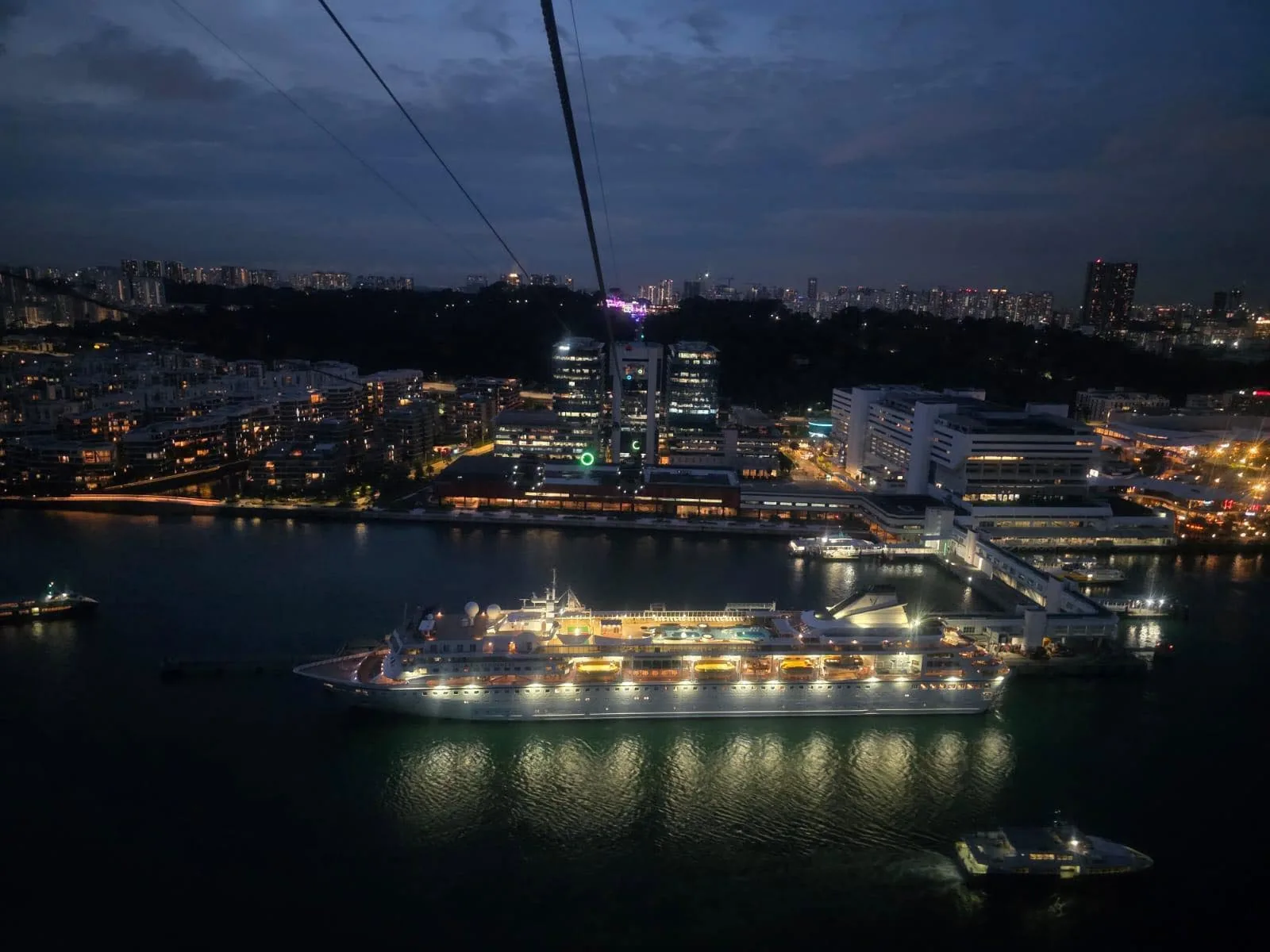 Nighttime view from a Singapore cable car looking down on a brightly lit cruise ship in the harbor with the city skyline glowing beyond.